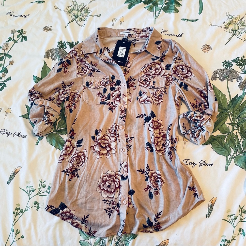 Fashion Nova Roll Sleeve Button Down Floral Shirt